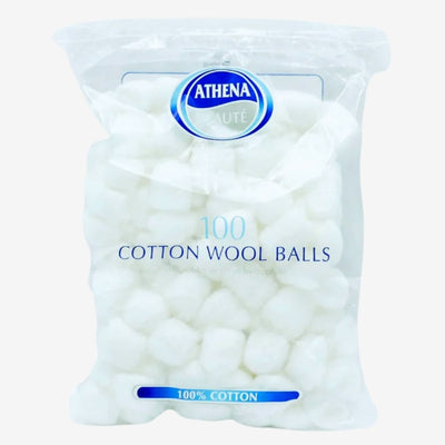 A clear plastic bag with 100 cotton wool balls, branded "Athena" featuring a blue logo, perfect for makeup application or nail varnish removal.