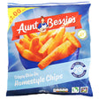 Aunt Bessie's Crispy Skin On Homestyle Chips, 600g, come in a blue frozen bag and are gluten free. Priced at £2.00, the packaging shows a bowl of thick-cut chips.