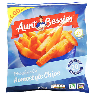 Aunt Bessie's Crispy Skin On Homestyle Chips, 600g, come in a blue frozen bag and are gluten free. Priced at £2.00, the packaging shows a bowl of thick-cut chips.