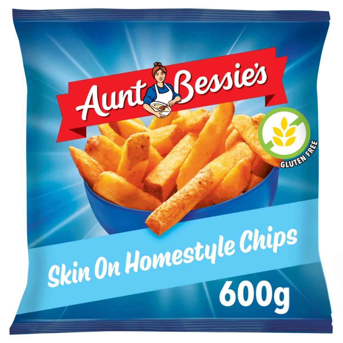 Aunt Bessie's Crispy Skin On Homestyle Chips 600g come in a blue pack, showing thick-cut chips in a bowl and a gluten free label.