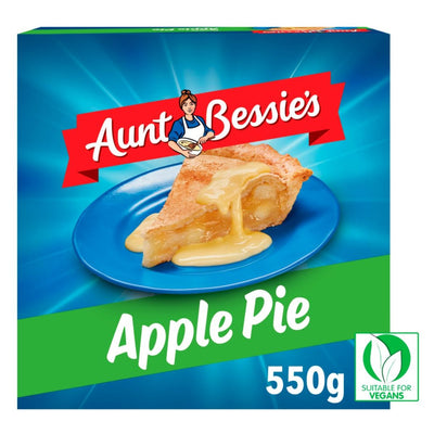 Aunt Bessie's Proper Apple Pie 550g box shows a slice of apple pie with custard on a blue plate and includes a "suitable for vegans" label.