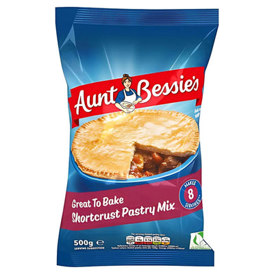 Aunt Bessies Shortcrust Pastry Mix 500g features a pie with a slice cut out and provides an easy-to-use mix for up to 8 servings.