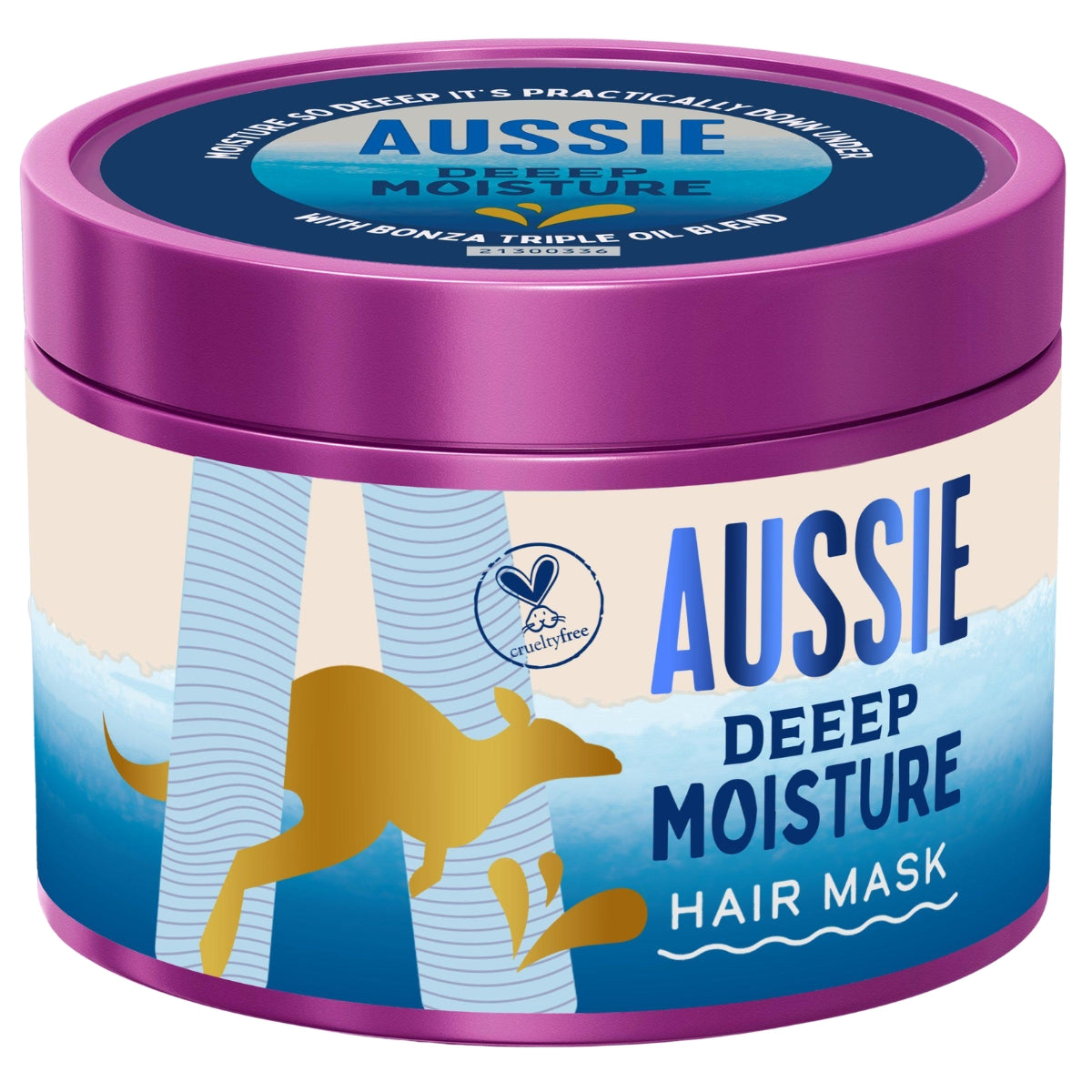 A jar of Aussie Deep Moisture Hair Mask with a purple lid and base, and a label featuring blue waves, a kangaroo, and gold olive leaves on a white background.