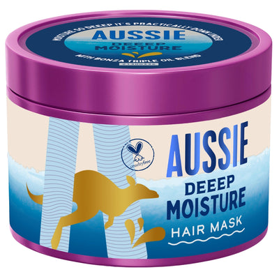 A jar of Aussie Deep Moisture Hair Mask with a purple lid and base, and a label featuring blue waves, a kangaroo, and gold olive leaves on a white background.
