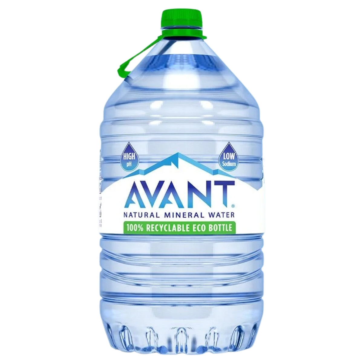 A 2-liter plastic bottle of AVANT Natural Mineral Water with a green cap and a white label featuring blue and green text, isolated on a white background.