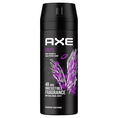 Axe - Excite Deodorant Body Spray (150ml) by Axe, with a sleek black and purple design, offers 48 hours of irresistible coconut and black pepper fragrance.