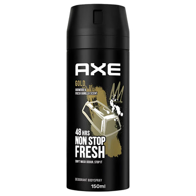 Axe Gold Deodorant Body Spray, 150ml, offers 48 hours of nonstop freshness with oud wood and fresh vanilla scent.