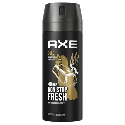 A black Axe - Gold Deodorant Body Spray - 150ml can with gold graphics, featuring text that reads “Gold,” “Oudwood & Fresh Vanilla Scent,” and “48 hrs non stop fresh.”