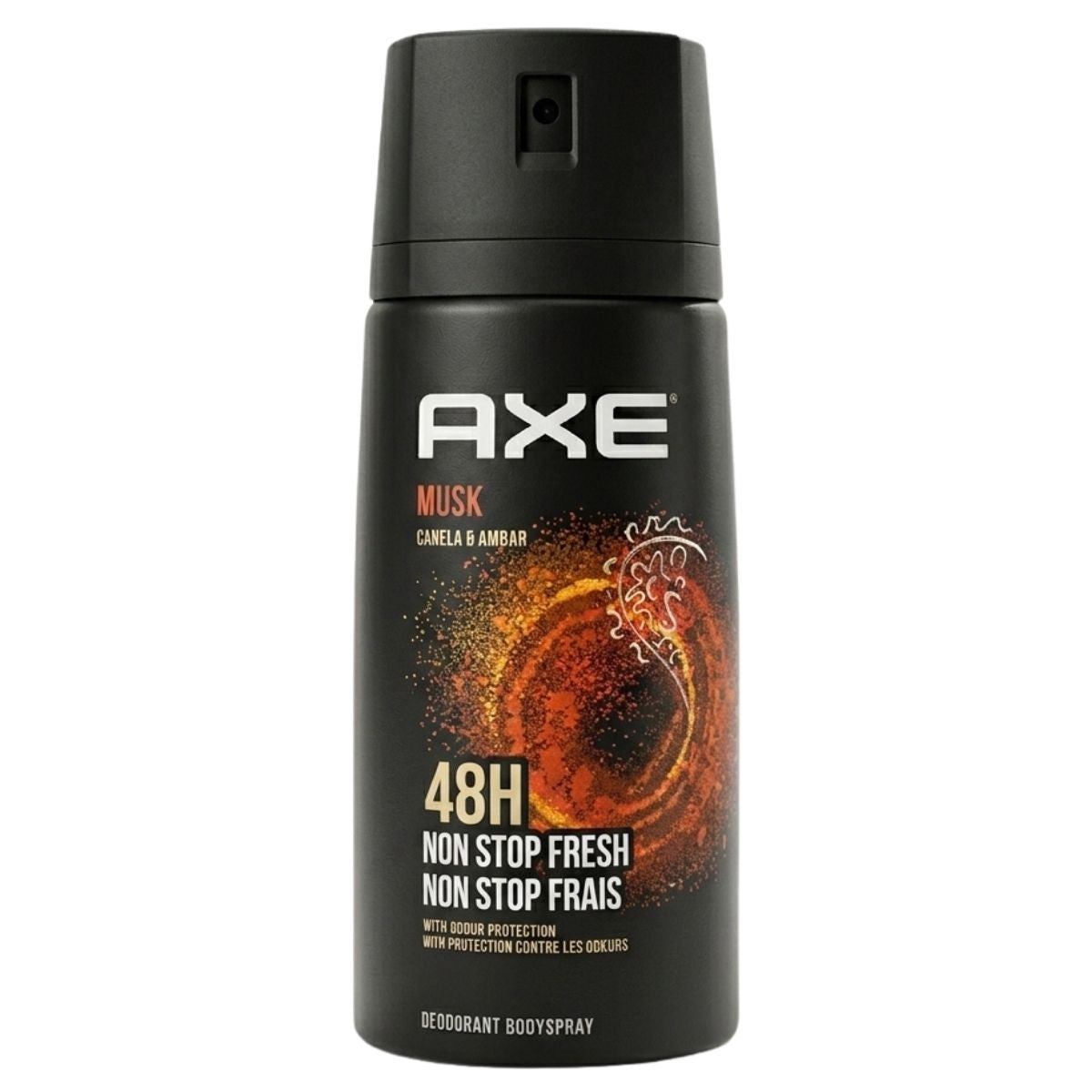 Axe Musk Deodorant Body Spray, 150ml—a black can with orange graphics, offers 48H non-stop fresh odor protection.