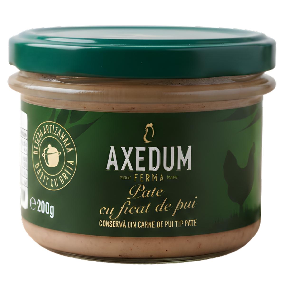 A 200g glass jar of Axedum Chicken Liver Pate, a classic European delicacy, with a green lid and label displaying text and a chicken silhouette.