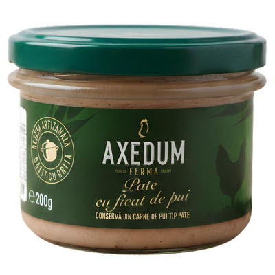 A 200g glass jar of Axedum Chicken Liver Pate (Halal) features a green lid and label, offering this European delicacy.