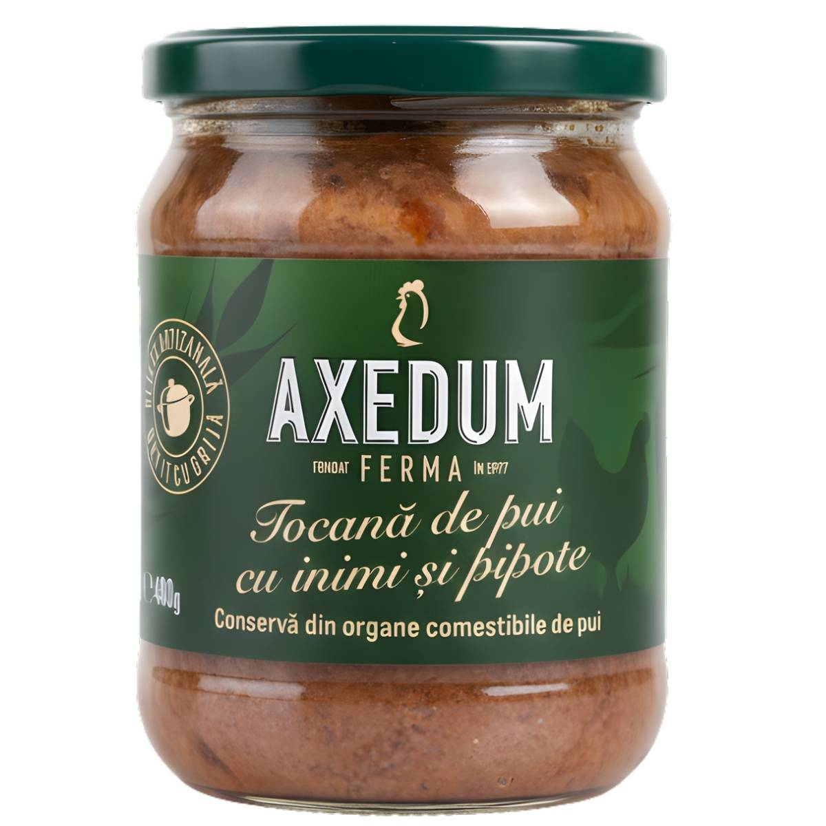 A 480g glass jar of Axedum - Stewed Chicken Hearts & Gizzards with Fried Onions comes with a green lid and features a green label with white and gold text.