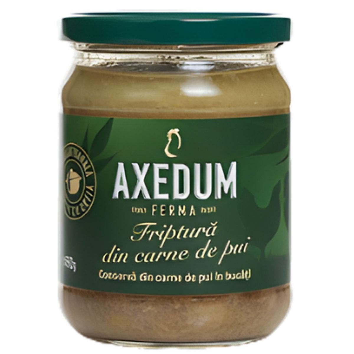 A 450g glass jar of Axedum Stewed Chicken Leg Meat with Fried Onions (Halal), featuring a green label with gold text—ready-to-eat for a tasty meal.