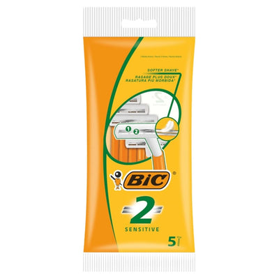 Bic 2 Sensitive Razors - 5pcs is a pack of dual-blade disposable razors designed for sensitive skin.