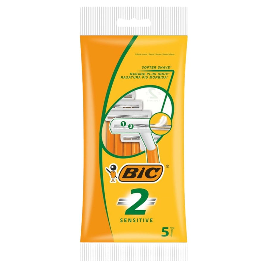 Bic 2 Sensitive Razors - 5pcs is a pack of dual-blade disposable razors designed for sensitive skin.