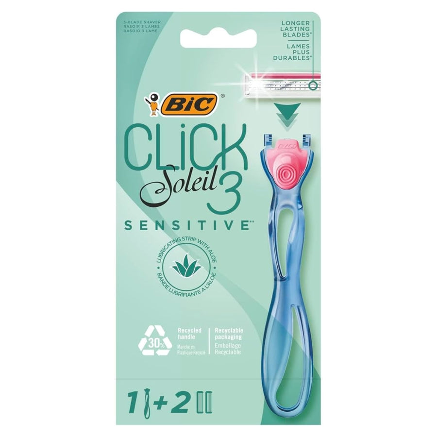 BIC Click Soleil 3 Sensitive with a three-blade design, featuring a translucent blue handle and pink cartridge in retail packaging with one handle and two refill heads.