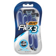 Three blue and black BIC - Flex 3 Razors in plastic packaging.