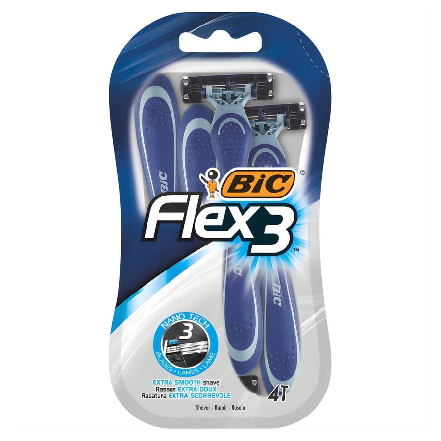The BIC Flex3 Shaver 4-pack offers four men’s razors with flexible blades and blue handles for an extra smooth shave. Brand: BIC.