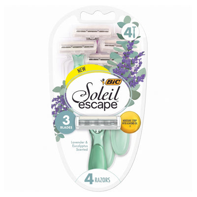 Pack of four BIC - Soleil Lavender & Eucalyptus 3 Blades Escape disposable razors with three-blade design, mint green handles, and lavender and eucalyptus leaf accents.