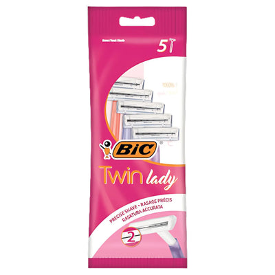 A pink pack of BIC Twin Lady 5pcs disposable razors for women, featuring product and branding images on the front.