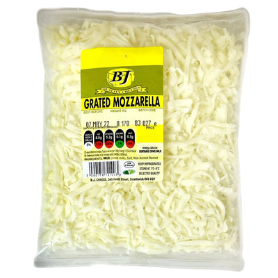BJ Grated Mozzarella Cheese 170g by BJ comes in a sealed plastic bag with a yellow label showing nutrition and ingredients—an ideal pizza cheese for your favorite recipes.