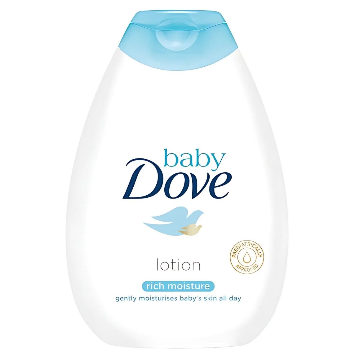 A 400ml bottle of Baby Dove lotion promises ultimate moisturizing with its "Rich Moisture" formula, gently caring for your baby's delicate skin all day.