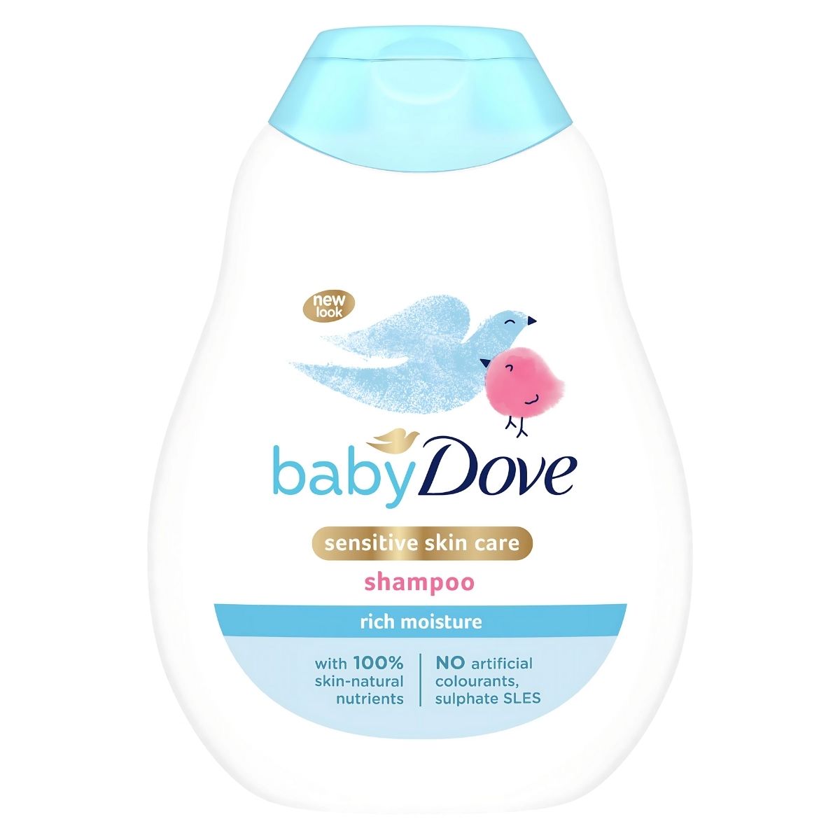 The Baby Dove - Rich Moisture Shampoo - 400ml for sensitive skin features a charming blue and pink bird design. This gentle shampoo offers rich moisture with no artificial colorants or sulphate SLES.