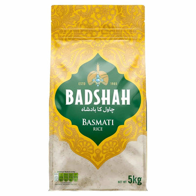 Enjoy the 5kg Badshah Basmati Rice, featuring aromatic grains in eye-catching yellow and green packaging. Experience the rich taste of this premium rice, celebrated for its exceptional quality and delightful fragrance.