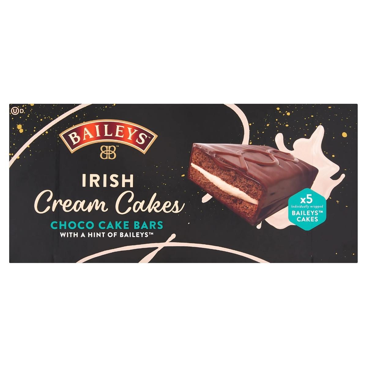 Indulge in Bailey's Irish Cream Choco Cake Bars, featuring 5 individually wrapped cakes infused with a hint of Baileys. The package showcases a tempting splash design, making it the perfect treat.