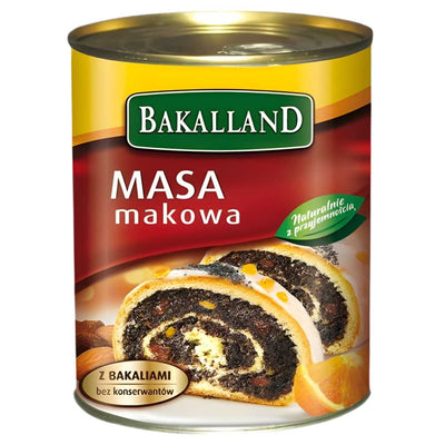 Bakalland Poppy Seeds With Dried Fruit (850g) offers authentic European flavor for your baking, presented in a can featuring an image of sliced poppy seed roll on the label.