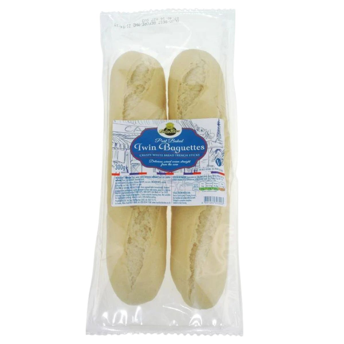 Packaged twin baguettes with a label on a white background