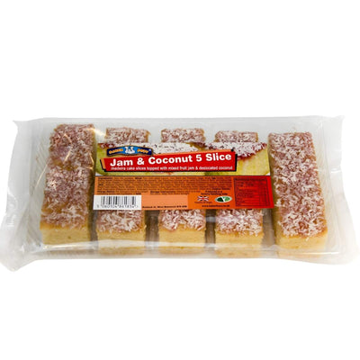 Baker Boys Jam & Coconut Slice Cake (5 pcs): Soft sponge rectangles topped with red jam and desiccated coconut—a classic teatime treat from Baker Boys.
