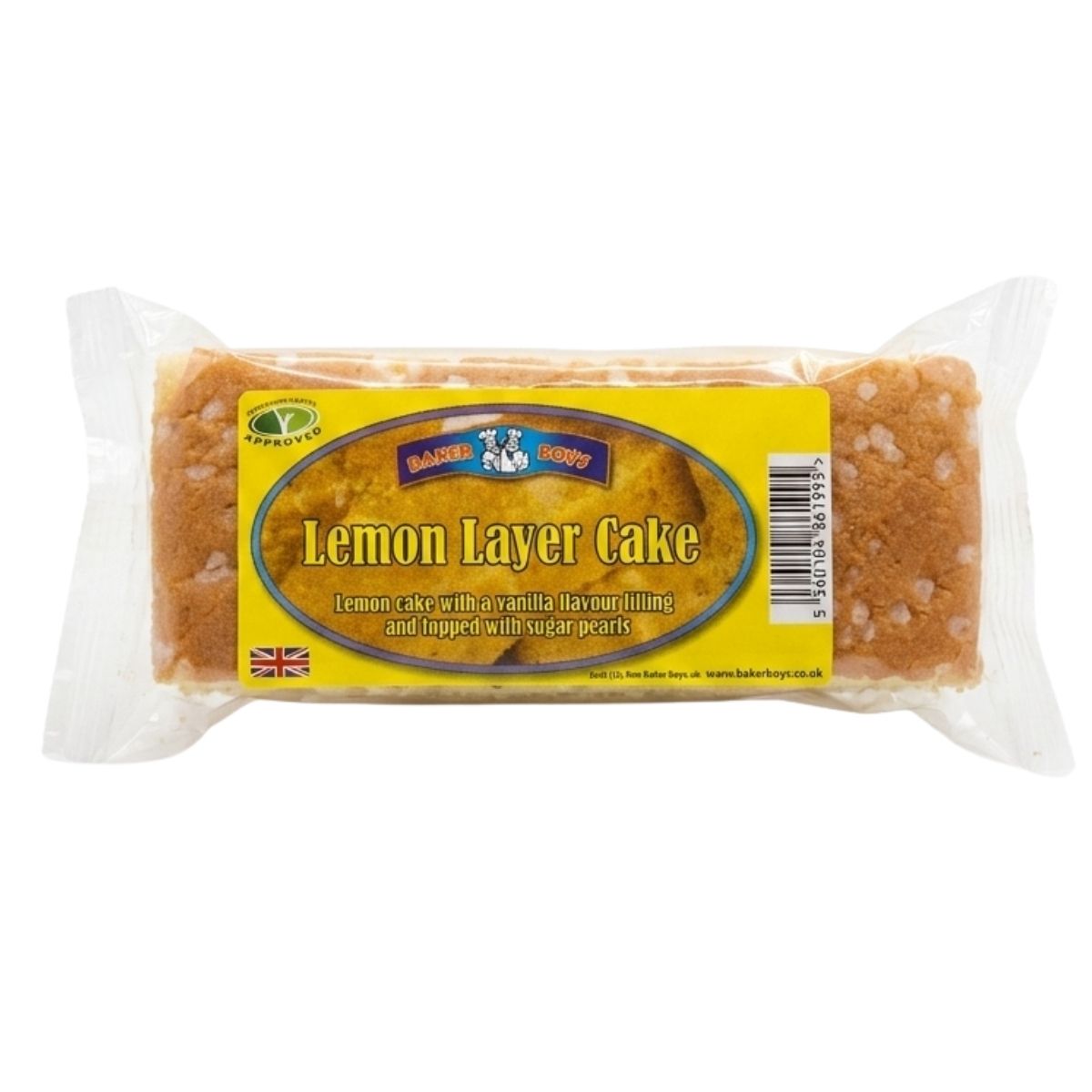A packaged Baker Boys - Lemon Layer Cake - 1 Piece, featuring a yellow label with the product name and description, decorated with sugar pearls.
