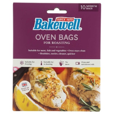 Bakewell - 10 Medium Oven Bags For Roasting (25 x 38cm), suitable for meat, fish, and vegetables. Features roast chicken imagery and usage icons. Each box contains 10 oven bags for easy, mess-free cooking.