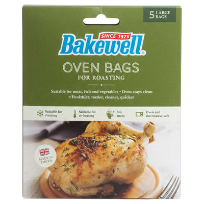 Front of a Bakewell - 5 Large Oven Bags For Roasting (35 x 43cm) package by Bakewell, showing a roasted chicken. The box notes 5 large bags and features like professional results, oven-safe and microwave-safe use.