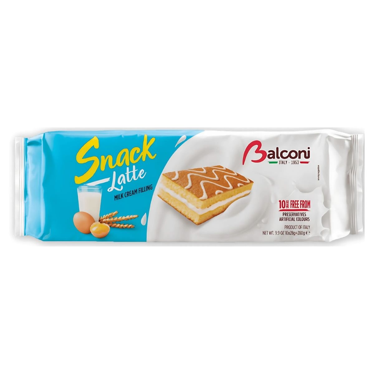 The Balconi - Cake Slices with Milk Cream Filling - 280g package highlights the delicious milk cream filling and product image on the wrapper. Enjoy the sweet taste with no preservatives or artificial colors.