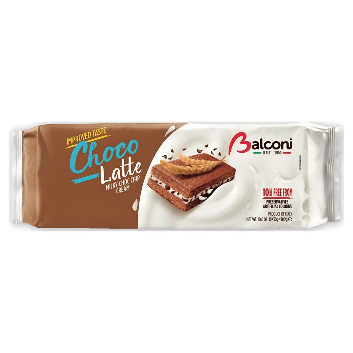 The Balconi Choco Latte Cake Slices with Choc Chip Cream, 300g, delight coffee lovers with milky chocolate chip cream, featuring an enticing snack image. It boasts an improved taste, free from preservatives and artificial colors.