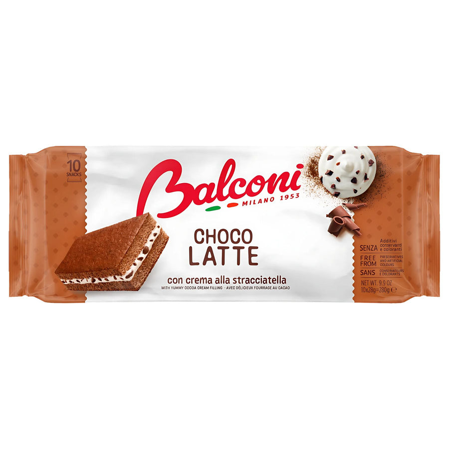 A package of Balconi Choco Latte Cake Slices with Choc Chip Cream (300g) features chocolate chip cream filling, brand logo, product image, and key ingredients displayed on the front.
