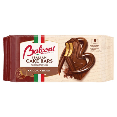 A package of Balconi - Cocoa Cream Italian Cake Bars, made with fat-reduced cocoa powder, featuring an illustration of two chocolate-covered sponge cakes.
