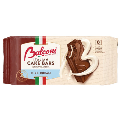 A package of eight Balconi - Milk Cream Italian Cake Bars, showing one cocoa cream cake broken in half with cream drizzling over it.