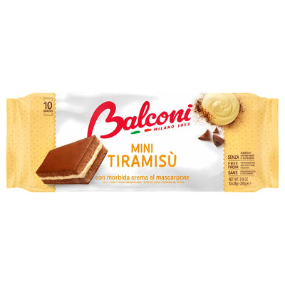 A pack of Balconi Mini Tiramisu With Velvety Mascarpone Cream (10 slices, 300g), featuring an image of the dessert and cream, is proudly labeled free from GMOs and hydrogenated fats.