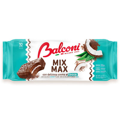 Package of Balconi Mix Max Cake Slices With Coconut Filling, 350g, featuring an image of the snack and a cracked coconut on a white and teal background.