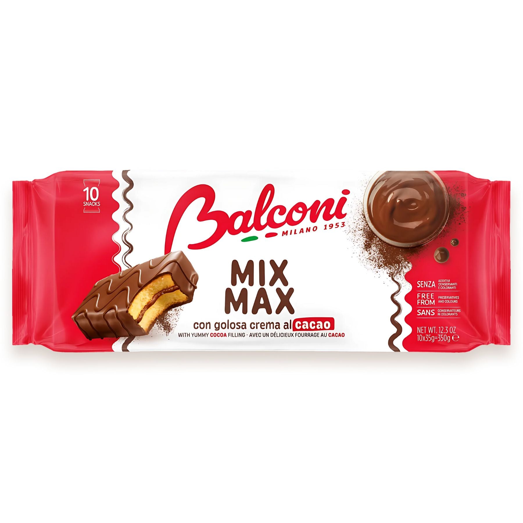A package of Balconi Mix Max Cake Slices with Cocoa Cream (350g) featuring chocolate-covered cakes filled with creamy cocoa cream and a bowl of fat-reduced cocoa cream on the right.