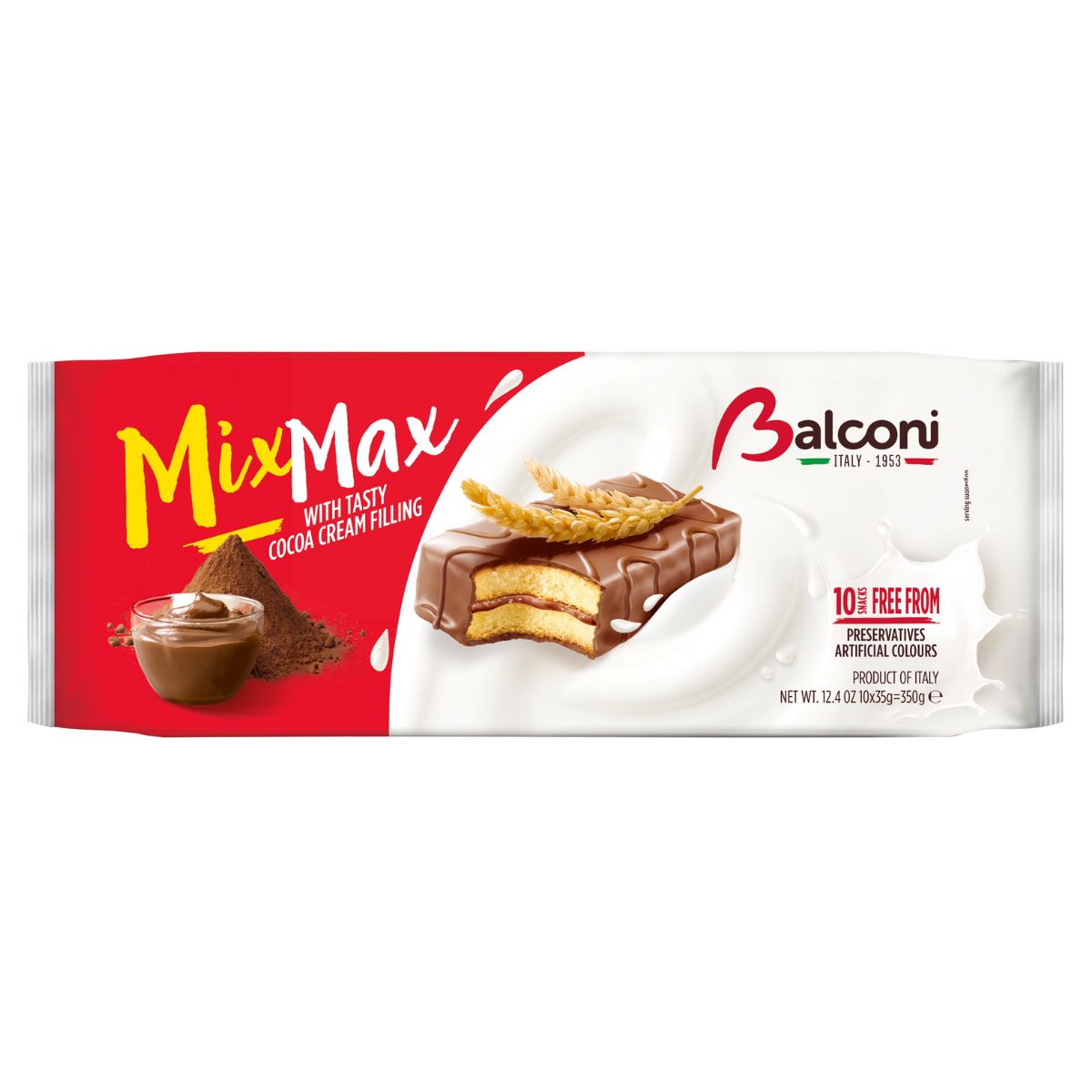 Package of Balconi Mix Max Cake Slices with rich cocoa cream filling, showcasing the cake and wheat image, labeled as free from artificial colors and preservatives.