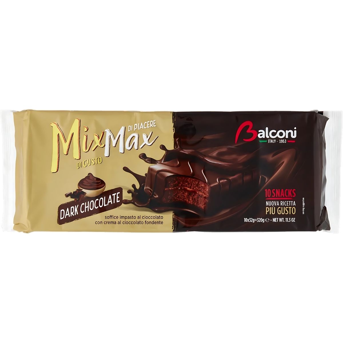 Balconi Mix Max Dark Chocolate Cake Bars come in beige and brown packaging with an image of a rich chocolate cake with cream. With 10 servings, this Italian delight is perfect for chocoholics.