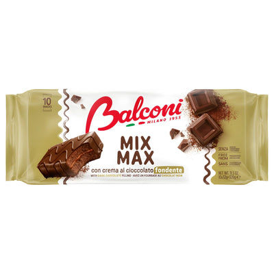 Balconi - Mix Max Dark Chocolate Cake Bars 10 x 32g pack, featuring rich dark chocolate cake bars with a creamy filling and chocolate pieces on a beige background, showcases this oven-baked treat.