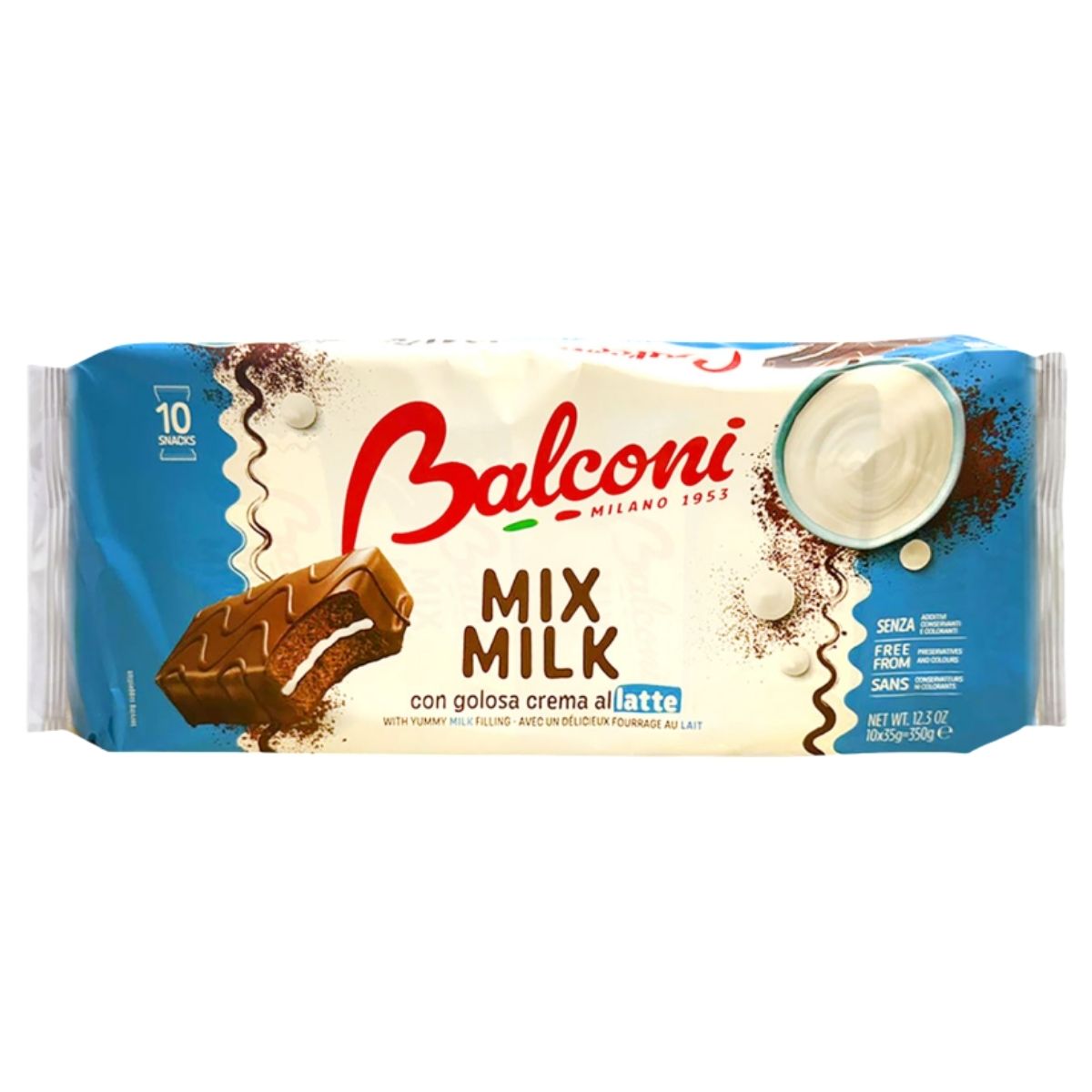 A package of Balconi - Mix Milk Cake Slices with Milk Filling (350g), showing the brand and an image of chocolate-covered cake with a creamy milk filling on the front.