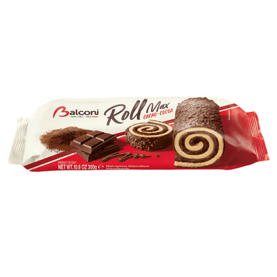 A 300g package of Balconi - Roll Max Cacao Cocoa is shown, featuring images of the cake roll and fat-reduced cocoa pieces on its packaging.