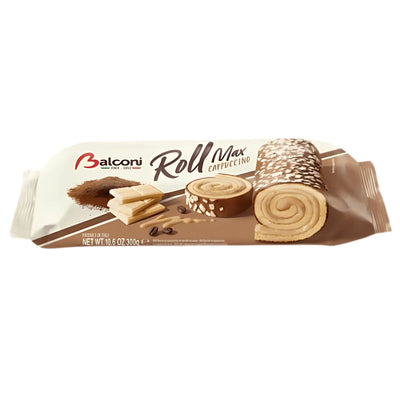 Balconi - Roll Max Cappuccino (300g) is an oven-baked cake. The wrapper features images of the coffee-flavoured roll, chocolate pieces, and coffee beans.