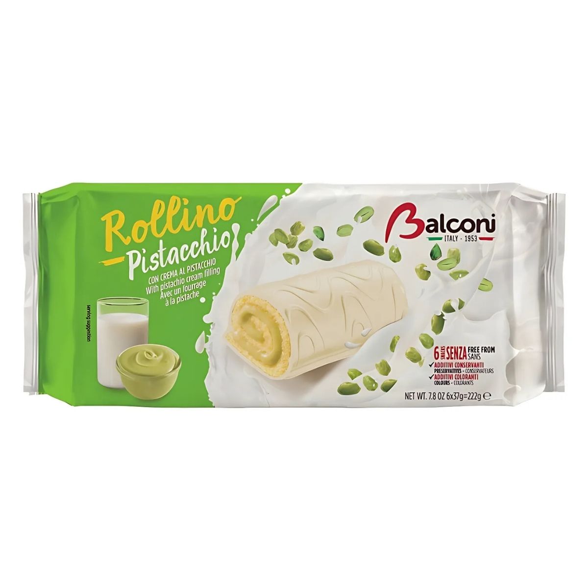 The Balconi Rollino With Pistachio Cream Mini Rolls 6 Pack showcases fluffy sponge cake rolls filled with pistachio cream, highlighted against a green and white backdrop with a glass of milk and a bowl.